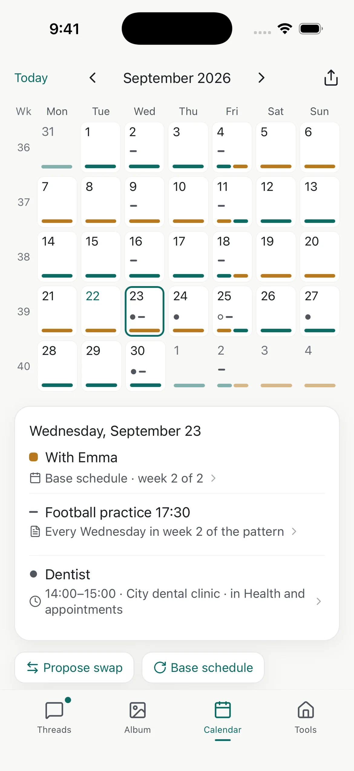 Care schedule screen