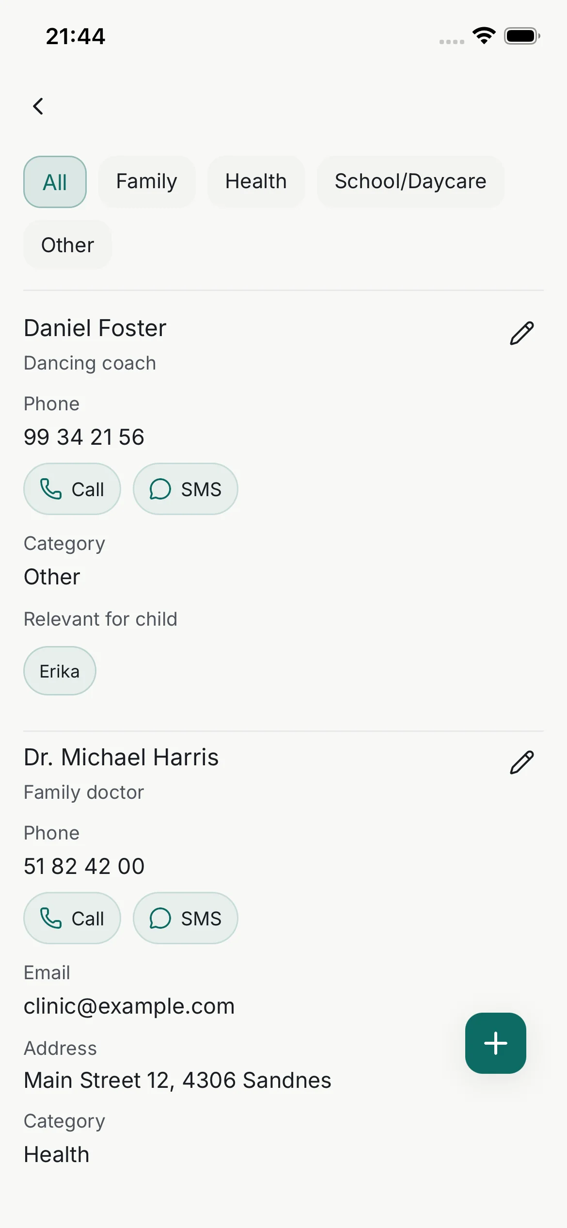 Contacts screen