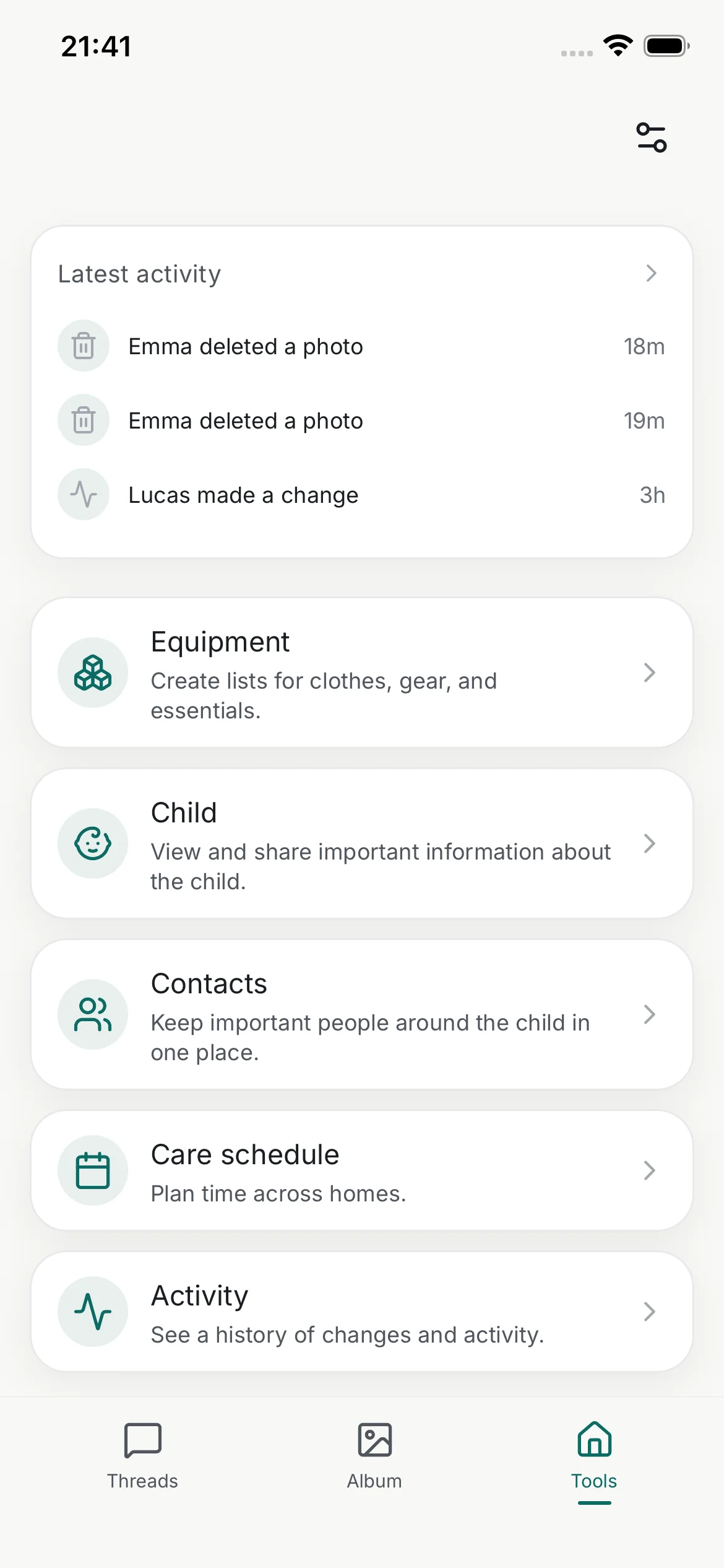 Tools screen