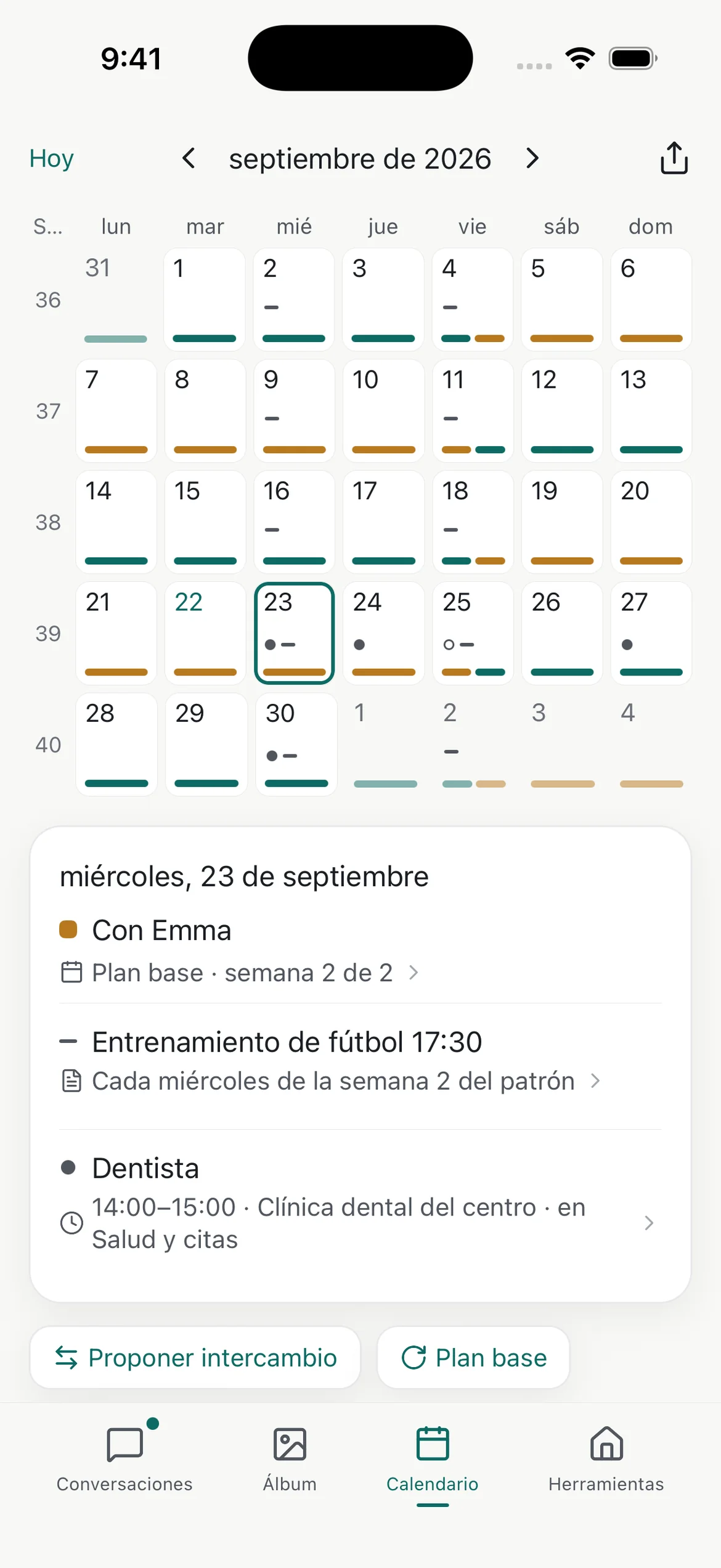 Pantalla del calendario de cuidado