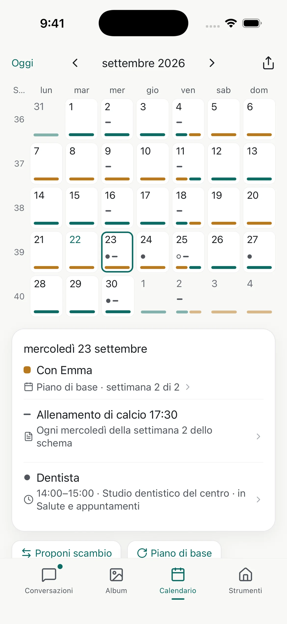 Schermata del calendario di affido